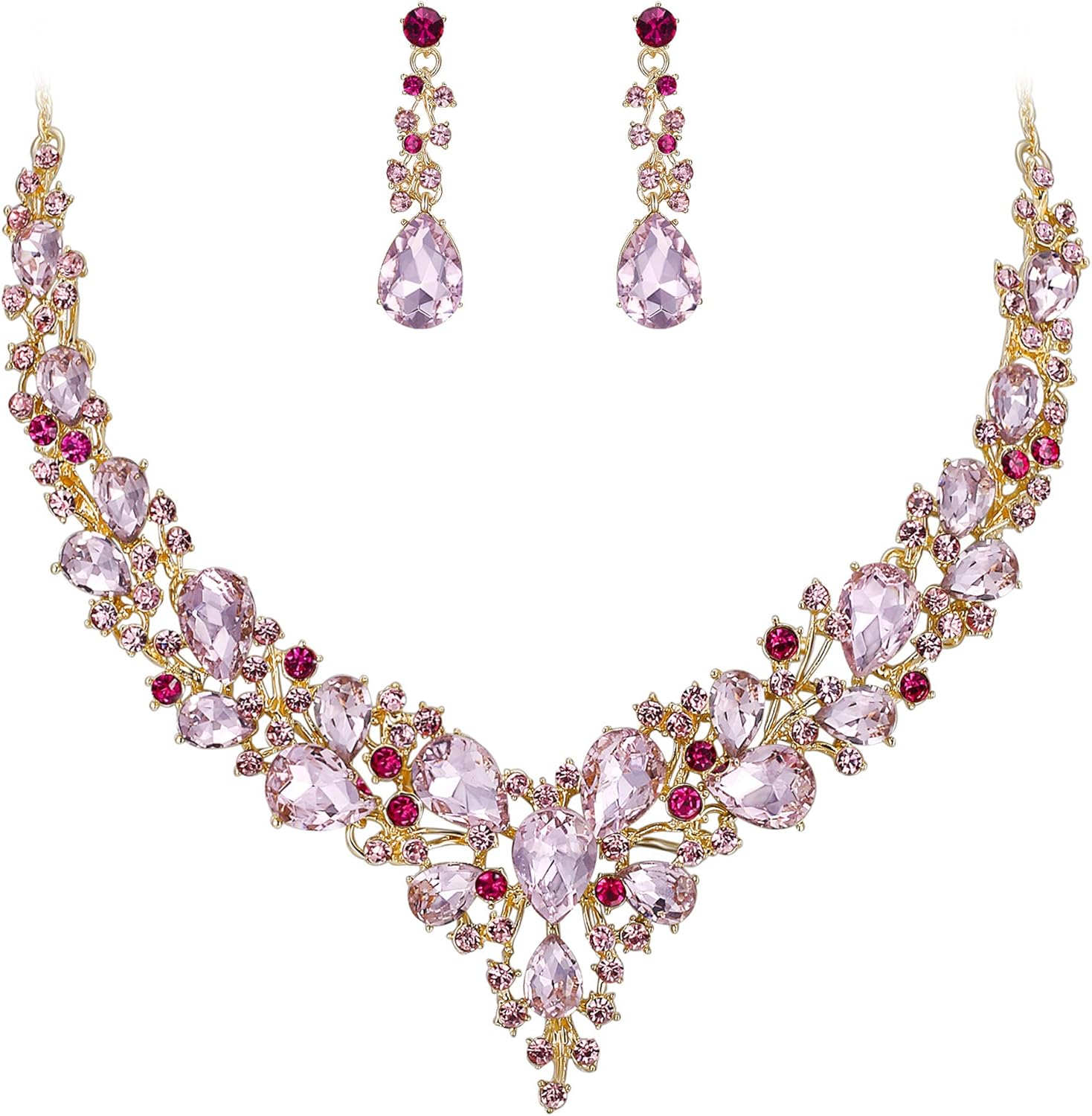 BriLove Women's Wedding Bridal Austrian Crystal Teardrop Cluster Statement Necklace Dangle Earrings Jewelry Set