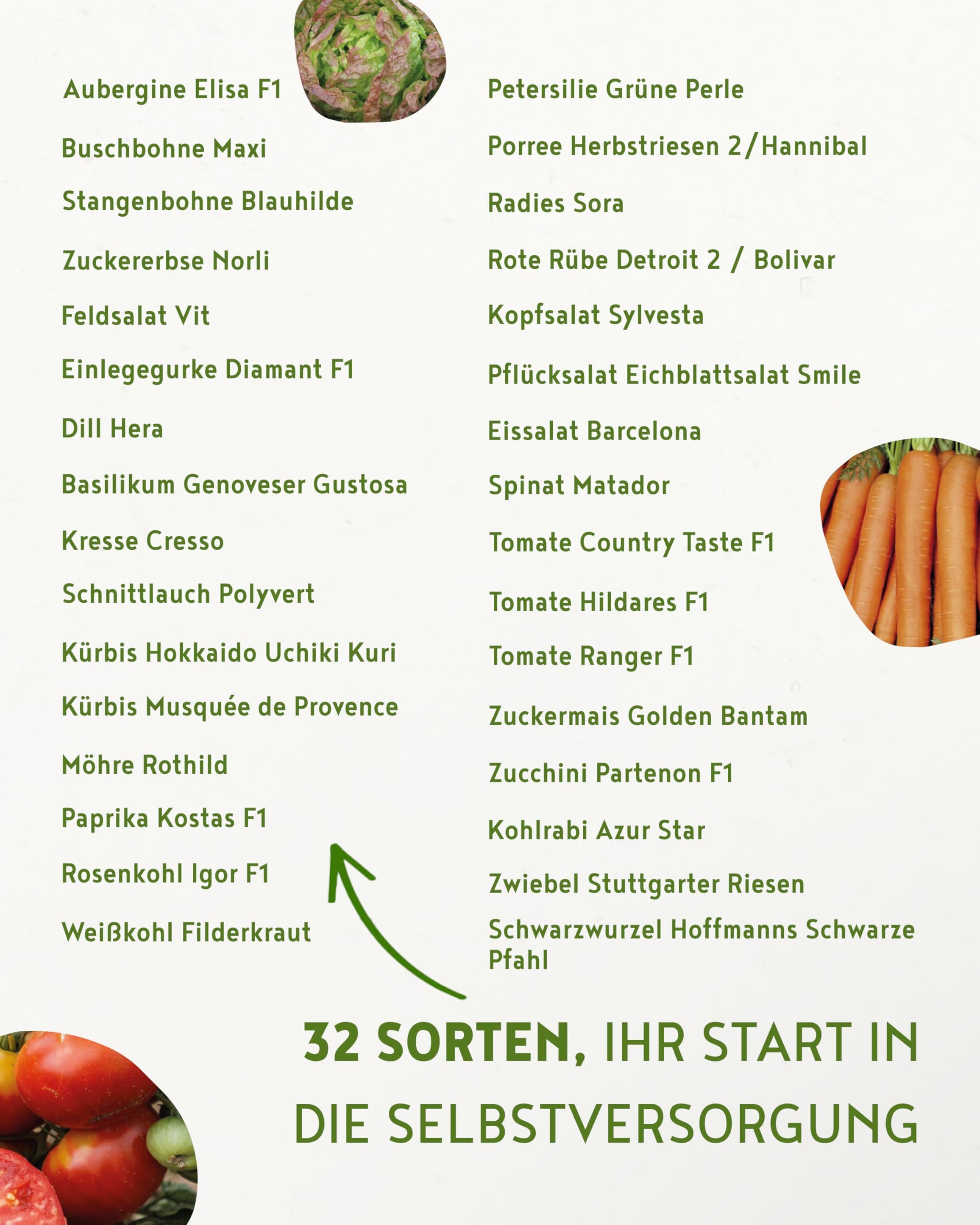 Selbstversorger Saatgut Box L – 32 Sämereien | Einzeln in Keimschutztüten verpackt, Holzbox inkl. Pikierholz, Etiketten & Anbauplan