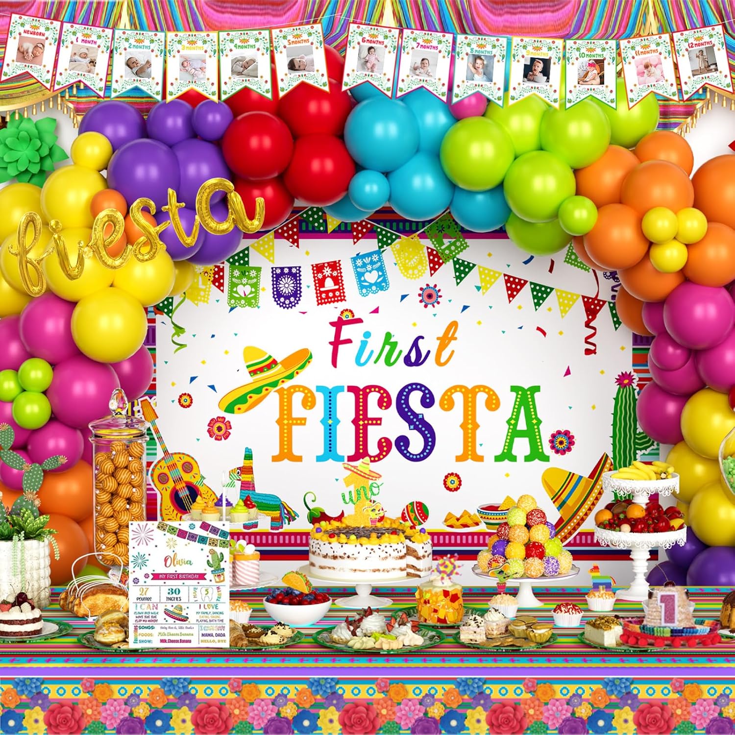First Fiesta Birthday Decorations, Mexican Theme 1st Party Decorations, 1st Birthday Decorations Boy Girl, Uno Taco Backdrop Balloon Banner Tablecloth Cake Topper Crown Box Cutout Poster