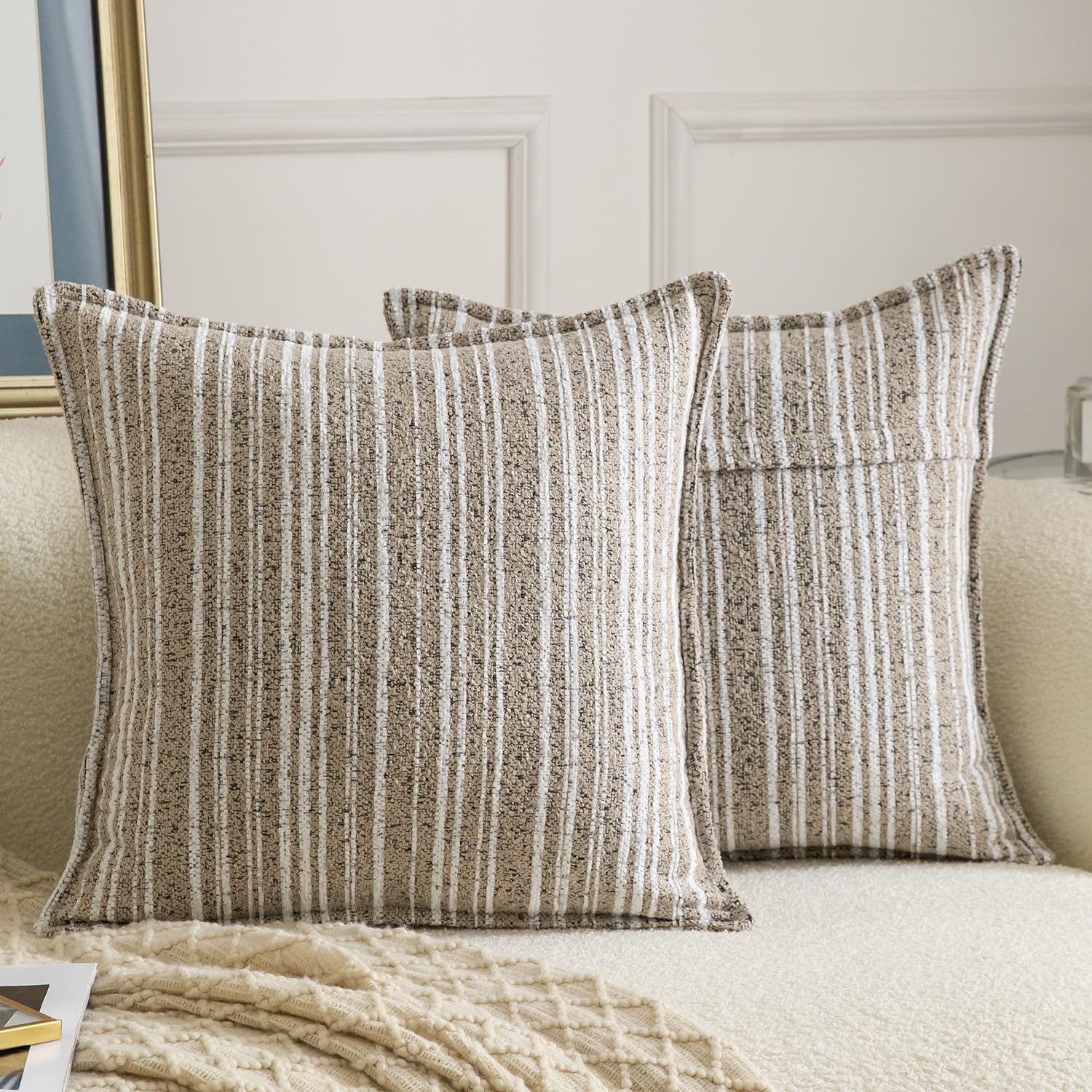 Madizz Decorative Boucle Dark Beige Cushion Covers 55x55 cm Pack of 2 Throw Pillows for Couch Sofa Boho Accent Striped Pillow Cases for Bed Cushion for Bedroom Living Room Modern Home Decor โ image 1