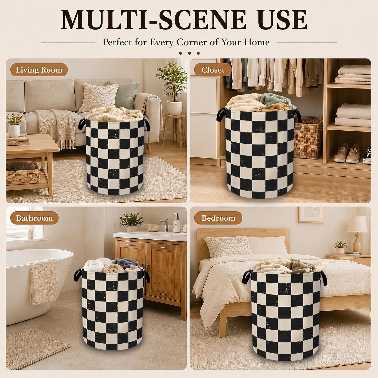 Black White Checkerboard Laundry Basket with Handles, Foldable Tall Oxford Clothes Hamper, Lightweight Water-Resistant Storage Bin for Bedroom Bathroom College Dorm, 16 x 20.8 Inch