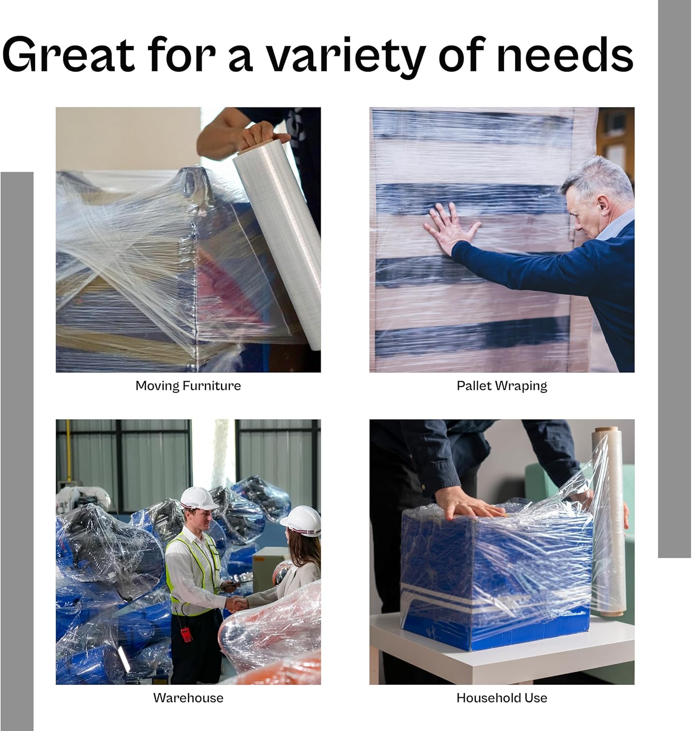 Stretch Wrap, 4 Pack, 18 Inch x 2000 Feet, 60 Gauge, Clear Plastic Cling, Cast Hand Stretch Film Rolls, Packaging Moving Pallets