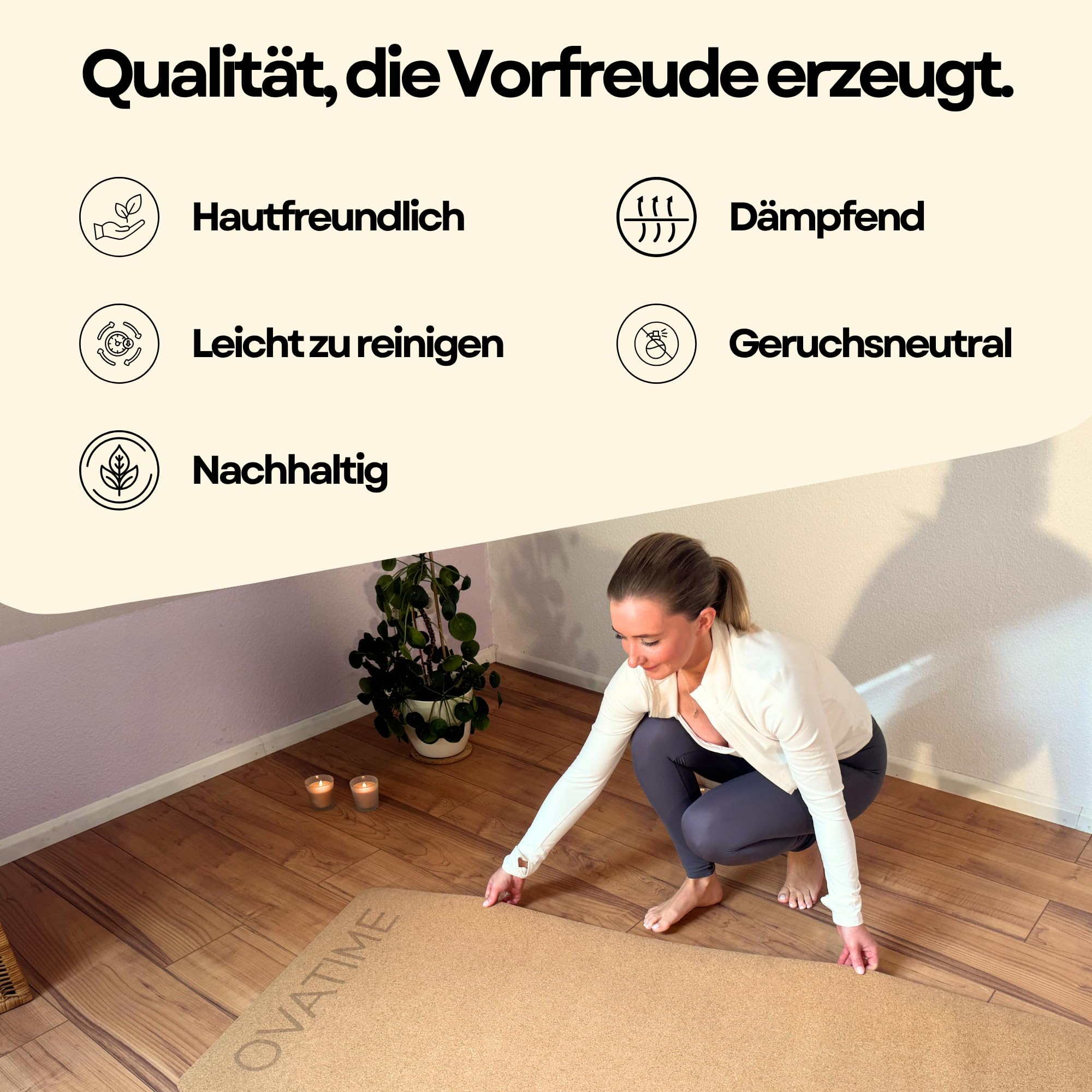 OVATIME Kork Gymnastikmatte – rutschfest & wasserabweisend – Yogamatte aus Naturkork & Naturkautschuk, nachhaltig, 183×66 cm für Yoga, Pilates & Fitness