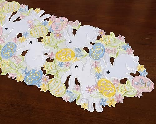 Miniatura 5 de Camino de mesa de Pascua con diseño de conejitos de primavera huevos flores bordado floral y conejos huevos tocador bufanda decoración de mesa para