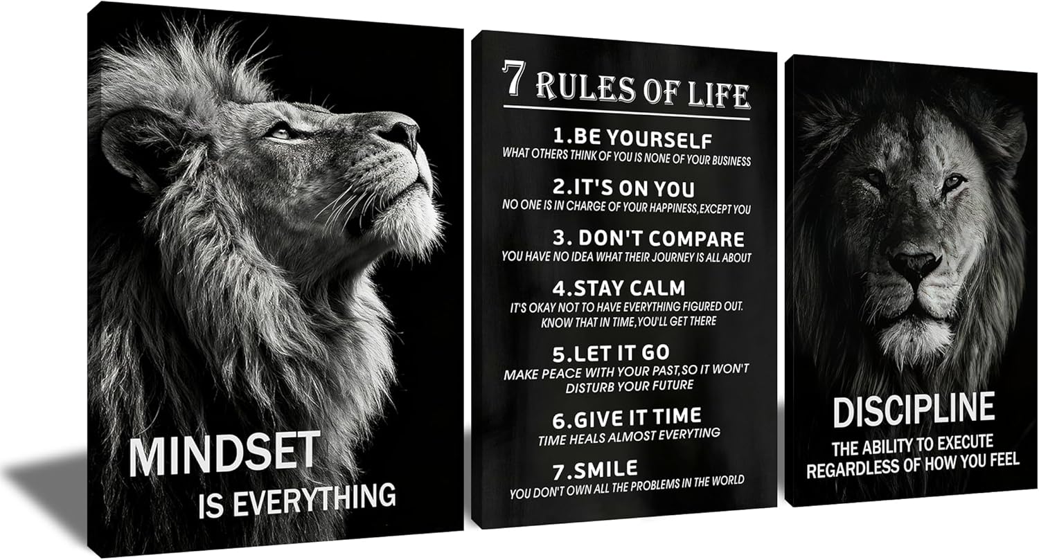 3 Pieces Lion Motivational Canvas Wall Art Mindset is Everything Inspirational Quote Picture Painting Inspiring Discipline Poster Print Artwork for Modern Home Gym Office Ready to Hang [36''W x 16''H]