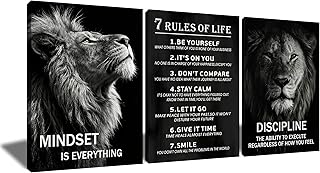 3 Pieces Lion Motivational Canvas Wall Art Mindset is Everything Inspirational Quote Picture Painting Inspiring Discipline Poster Print Artwork for Modern Home Gym Office Ready to Hang [36''W x 16''H]