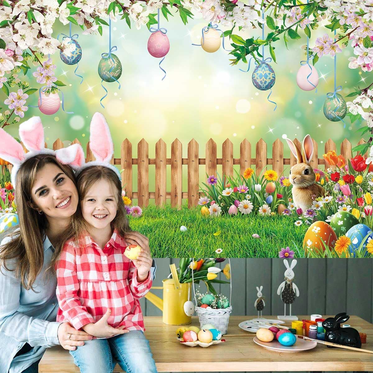 Easter Backdrops for Photography 10x8FT Spring Flower Grass Bunny Easter Colorful Egg Bokeh Background Spring Newborn Portrait Party Decorations Photo Props