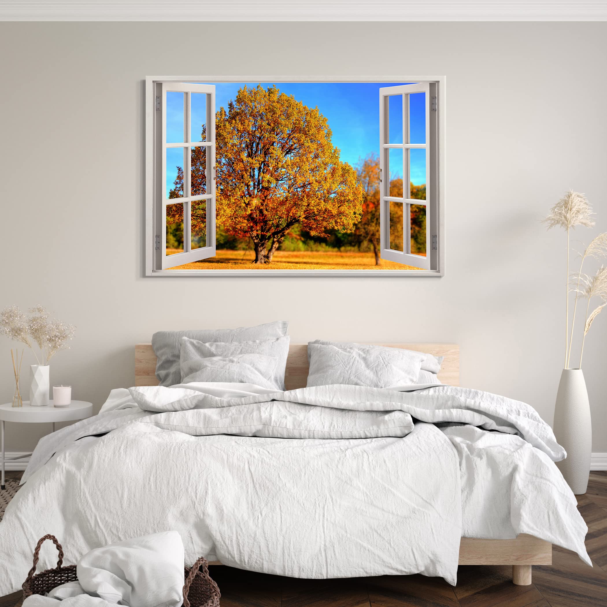 Bilder Fensterblick 120x80cm Baumwoll-Leinwand auf Keilrahmen mit Aufhänger moderner Kunstdruck XXL Wandbilder Wand-Dekoration Baum Herbst Feld Natur Sonne - Natur-Fotografie