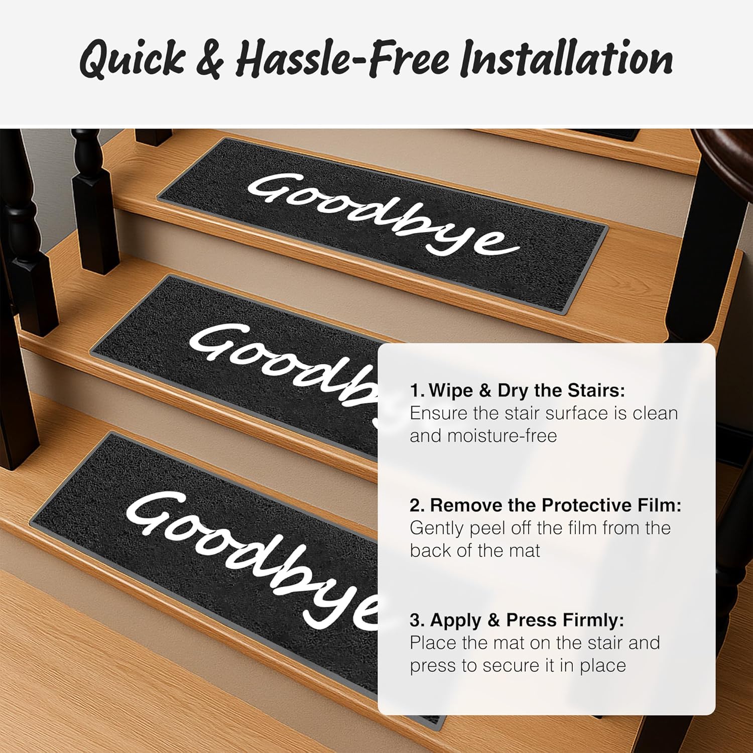 Hello Door Mat for Steps Non Slip Stair Treads Outdoor 35" X 10" Welcome Mat for Stairs Rubber Stair Step Mats Decorative (Goodbye)