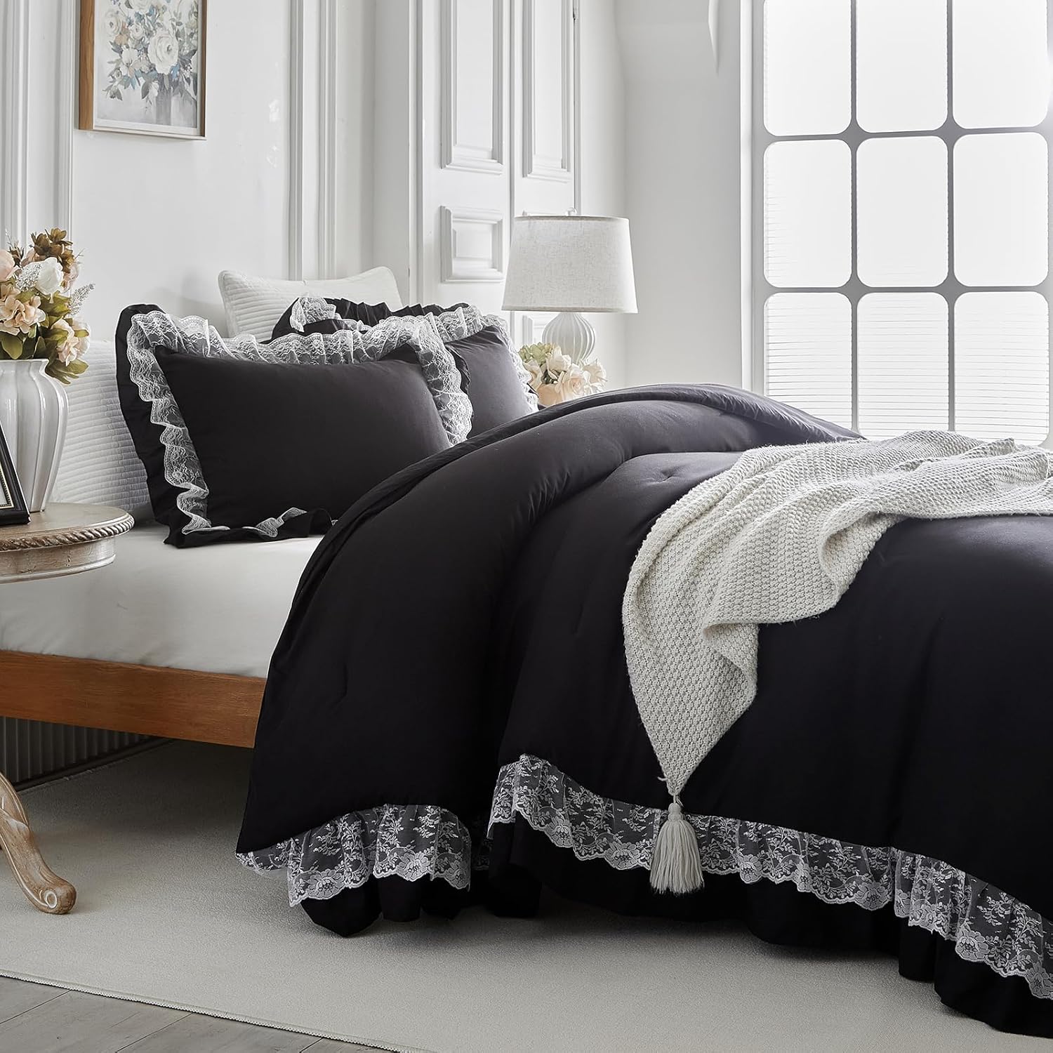 Joyreap Queen Size Comforter Set Black, 3pcs Lace Ruffled Bedding Comforter Set, Microfiber Vintage Gothic Boho Chic Bedding Set for All Season- 88x88 inches