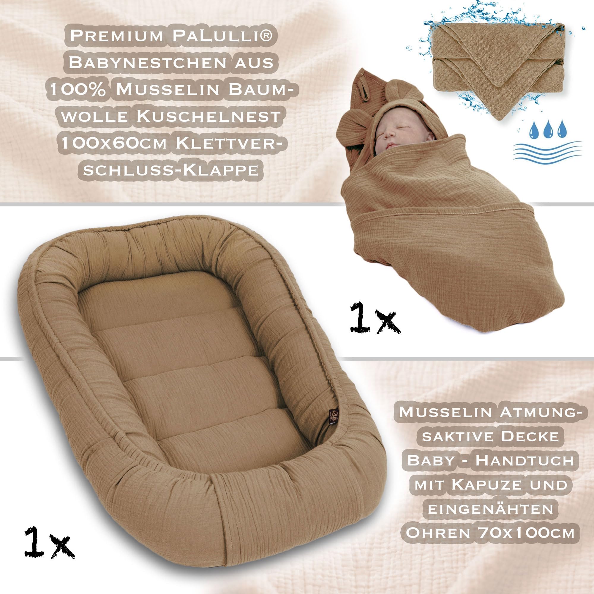 PaLulli® Protector de muselina para bebé de 2 caras con paño, muselina transpirable, toalla con capucha y orejas cosidas, 100 % muselina Oeko TEX, capullo para cuna (marrón)