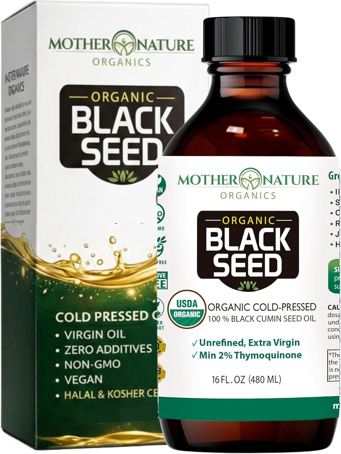 Mother Nature USDA Organic Black Seed Oil – Cold Pressed, Unrefined & Vegan Nigella Sativa, High Thymoquinone (2%+), Omega 3 6 9 for Immune, Joint & Heart Support, Hair & Skin, Non-GMO, 16oz