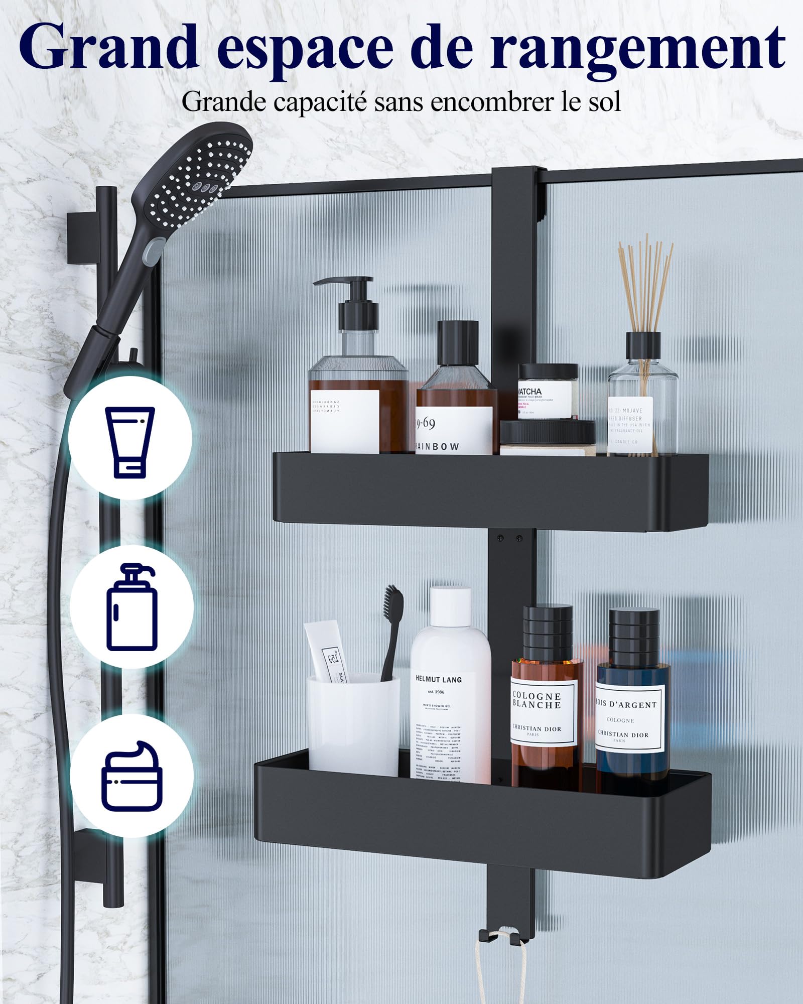 Kitsure Étagère Douche Suspendue 2 Niveaux sans Perçage Antirouille Rangement Salle de Bain Noir 29,1 x 11,2 x 55,3 cm