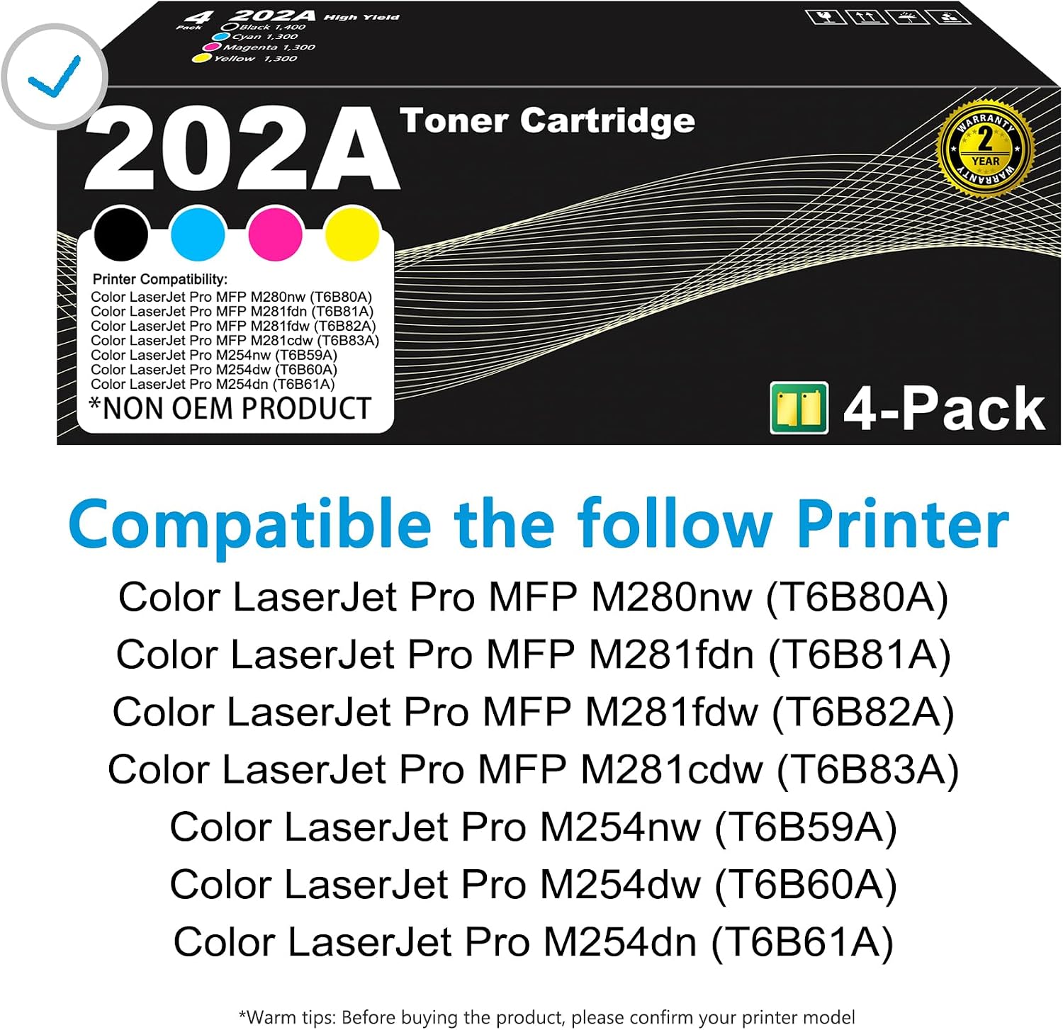 202A Toner Cartridge 4 Pack (with Chip) Replacement for HP 202A CF500A 202X CF500X Color Pro MFP M281fdw M281cdw M254dw M281fdn M254 M281 Printer (Black Cyan Yellow Magenta)