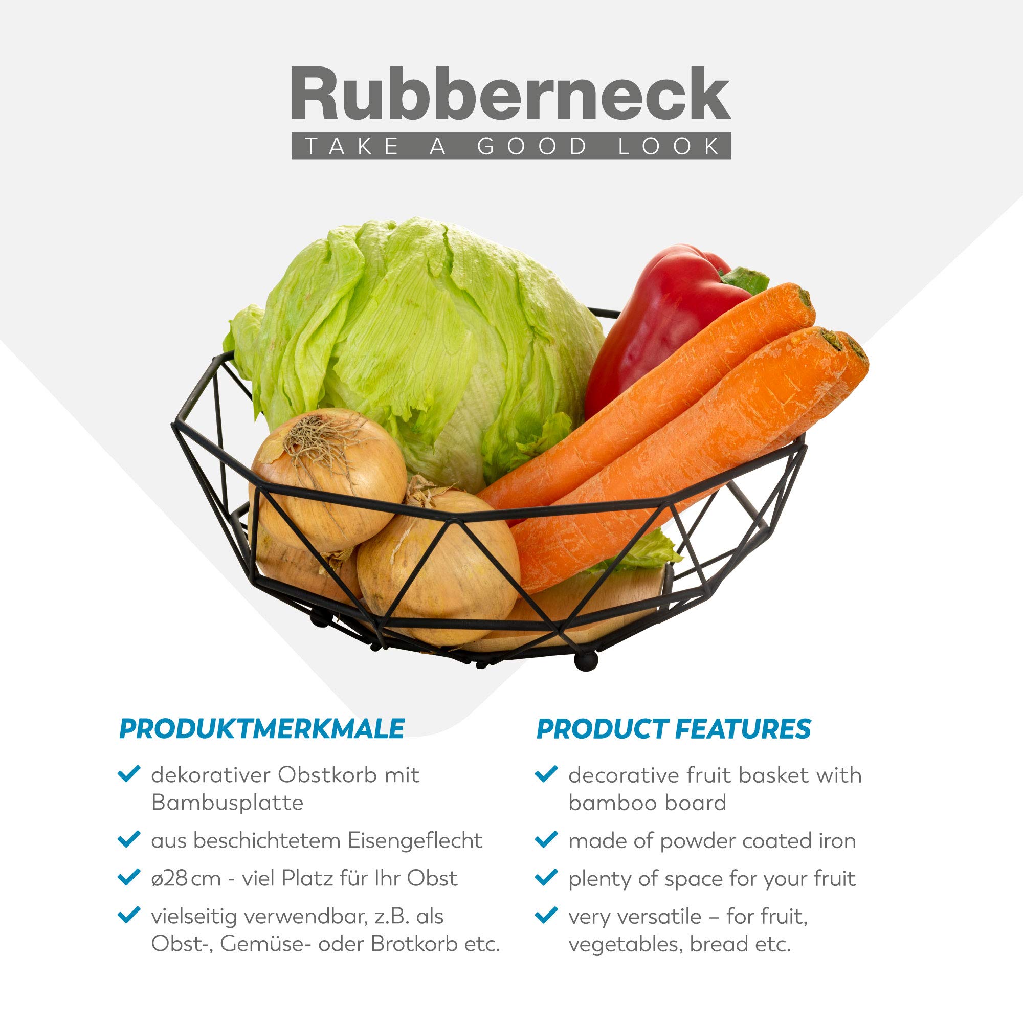 Rubberneck Frutero de Metal con Base de Madera de Bambú, Color Negro | cesto multiusos con inserto de roble, para pan, decoración, cocina, salón y baño, moderno, elegante, práctico, útil