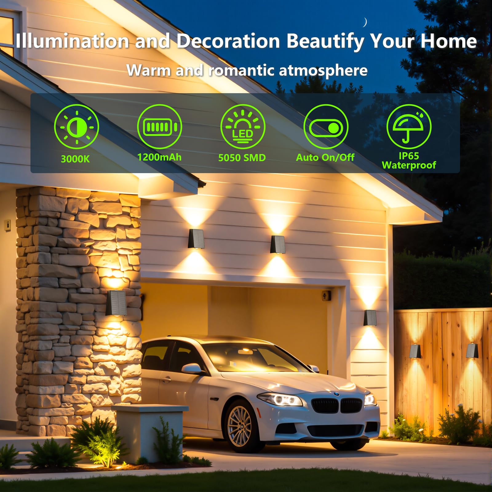Solar-Außenwandleuchten nach oben und unten, IP65 wasserdichte LED-Außen-Sicherheits- und Dekorationsbeleuchtung für Haus, Garage, Terrasse, Hof, Garten, Veranda (Warmweiß), 6 Stück