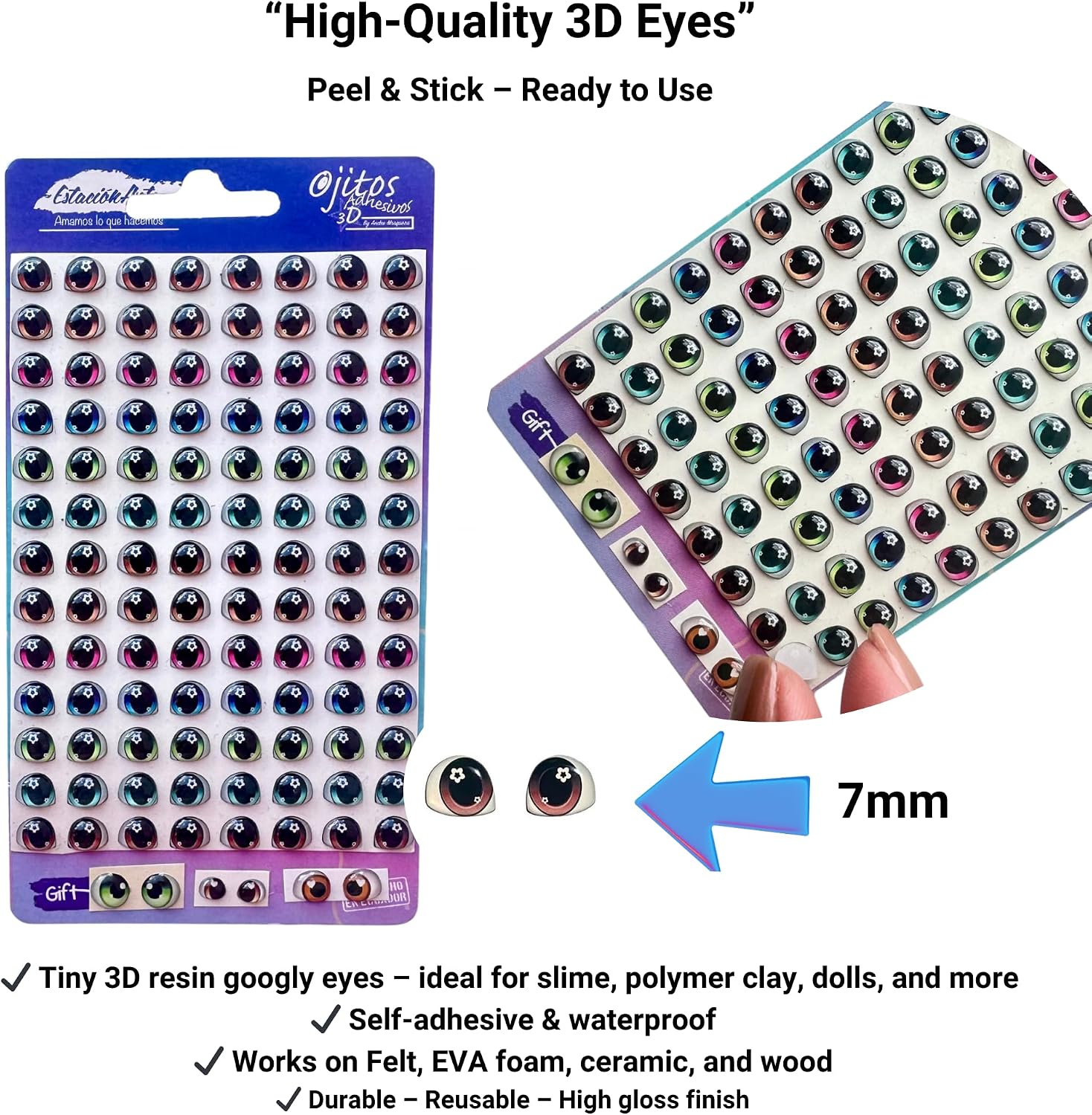 3D Resin Googly Eyes (104 Pcs/52 Pairs) 7mm – Blue, Brown, Green, Pink – Self-Adhesive for DIY Crafts, Clay, Felt, Cold Porcelain, Polymer Clay, Sculptures, Amigurumi, Scrapbooking Premium MS9-7