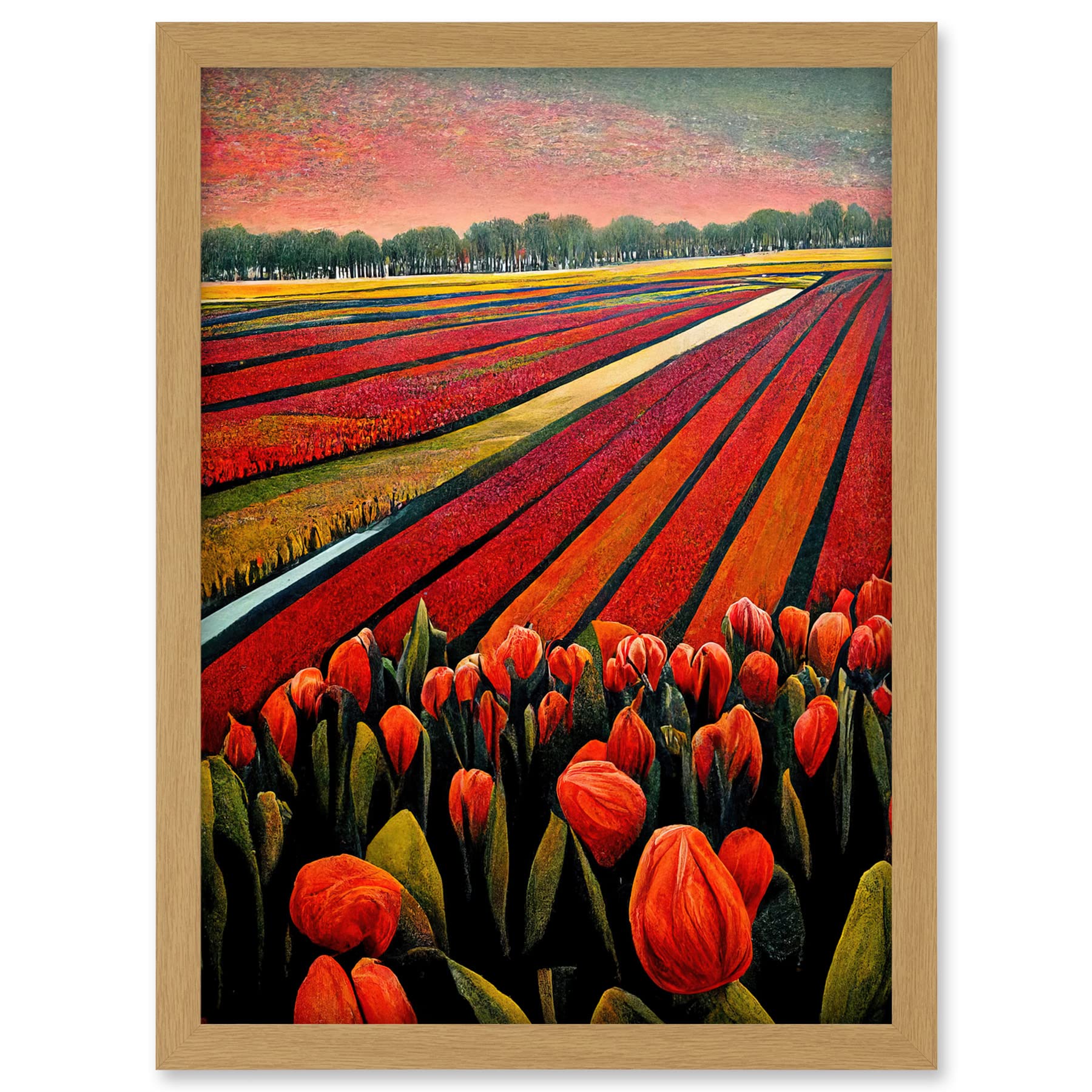 Doppelganger33 LTD Red Tulip Fields Of Holland Netherlands Modern Oil Artwork Framed A3 Wall Art Print