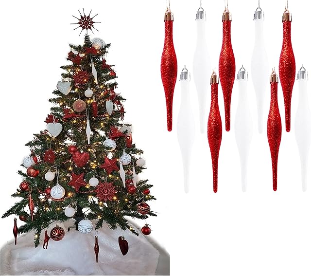 Simply Products 10 Droplet Baubles - Great Christmas Tree Decoration, Matte & Glitter Icicle Baubles (Red & White Glitter)