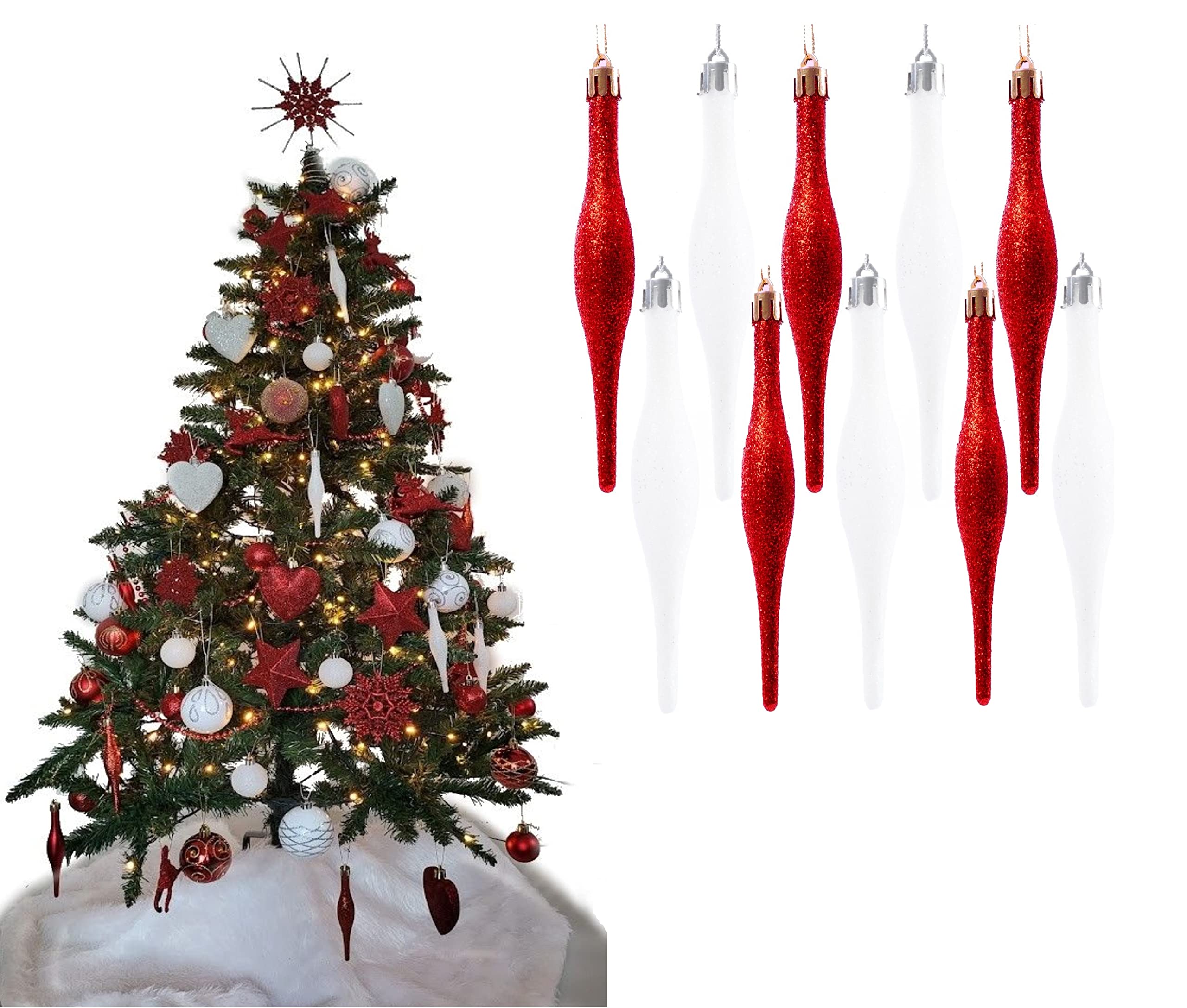 Simply Products 10 Droplet Baubles - Great Christmas Tree Decoration, Matte & Glitter Icicle Baubles (Red & White Glitter)