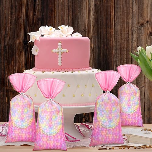 Miniatura 4 de Hotop 100 bolsas de celofán para bautizo, bolsas de golosinas cruzadas con lazos giratorios, primera comunión, decoración de fiesta para suministros