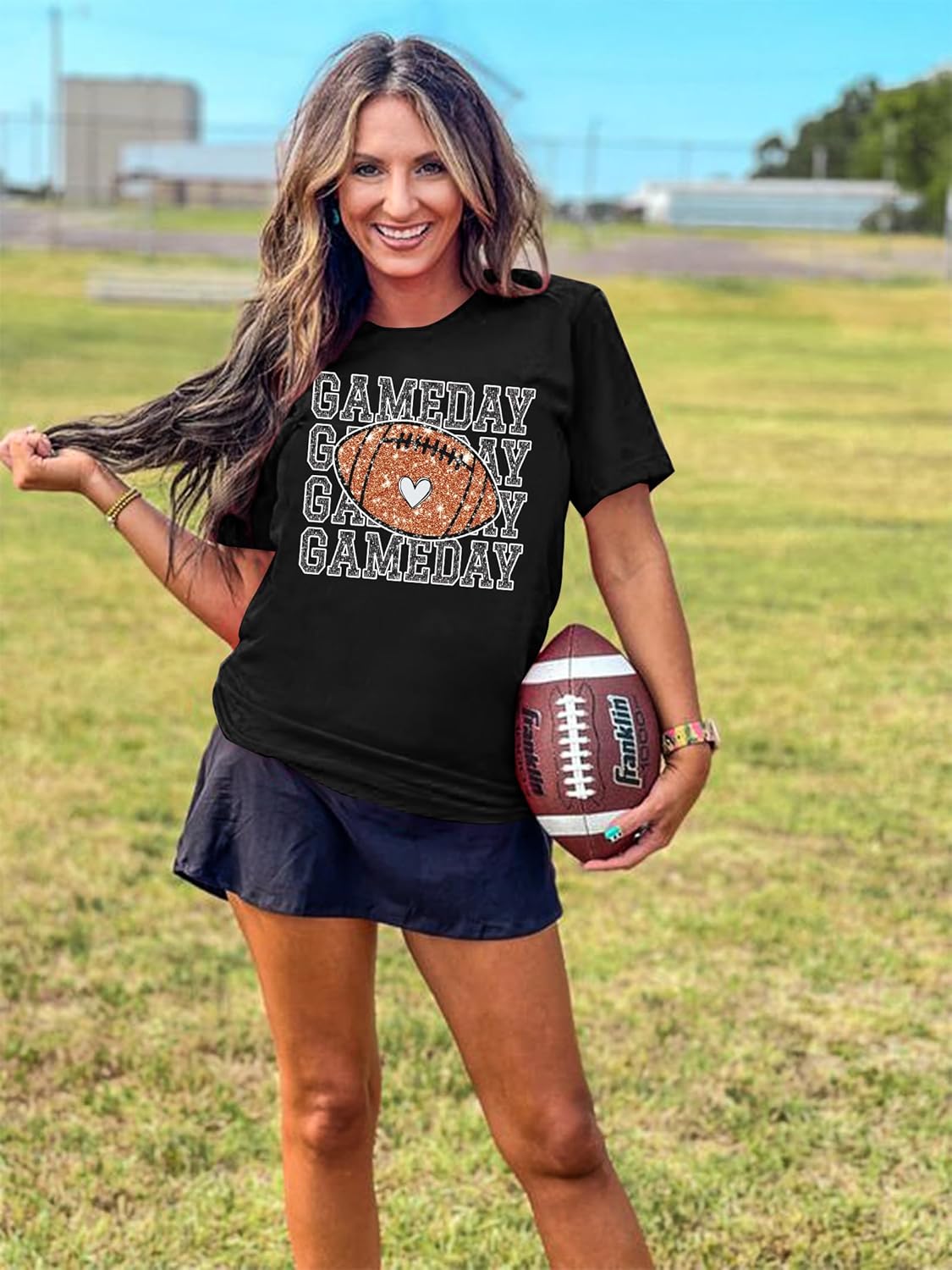 PECHAR Game Day Football Shirts Women Vintage Glitter Football Graphic T Shirt Tee Tops - Image 4