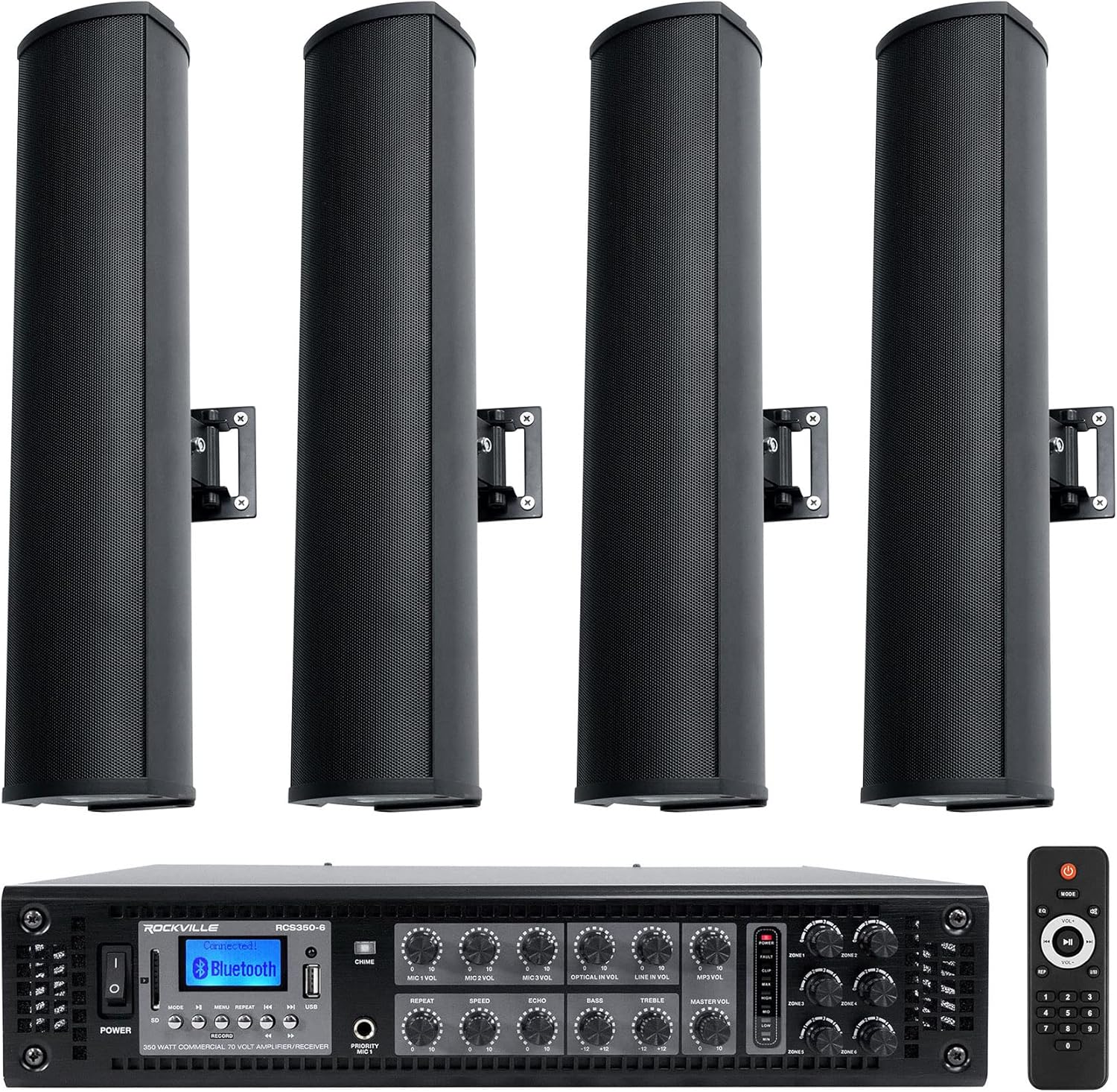Rockville Bundle: RCS350-6 350W 6-Zone 70V Amp w/Bluetooth & Wet Array 4 Black Speakers, IP55 Wall Mount, 2-Way Line Array for Restaurant, Church, Auditorium, Indoor/Outdoor Use (5 Item)