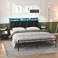 Vista 1 de Black Full Size Bed Frame with Led Lights and Charing Station,Upholstered Headboard with Storage Shelves,Farmhouse Platform Bed,No Box Spring Needed