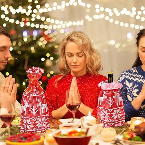 Miniatura 3 de Teling 100 bolsas de regalo para botellas de vino de Navidad, celofán, bolsas de vino de Navidad, suéter rojo, funda para bolsa de vino, incluye 50