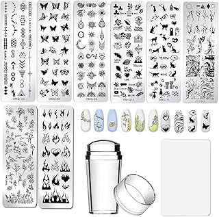 AddFavor Nail Stamper Kit 8pcs Stamping Plates Minimalist Geometric Lines Leaf Image Template for DIY Decorating Polish Gel Plate Print Stamper Manicure Stencils Tools (Mixed-Style D)