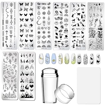 AddFavor Nail Stamper Kit 8pcs Stamping Plates Minimalist Geometric Lines Leaf Image Template for DIY Decorating Polish Gel Plate Print Stamper Manicure Stencils Tools Mixed-Style D