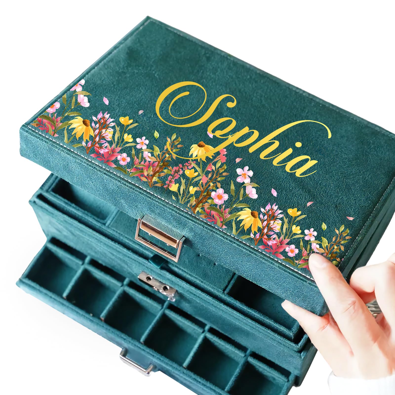 Grande boîte à bijoux personnalisée pour femme et fille, fleurs et nom personnalisés, boîte à bijoux en velours avec tiroir, cadeaux de demoiselle d'honneur, organisateur de voyage