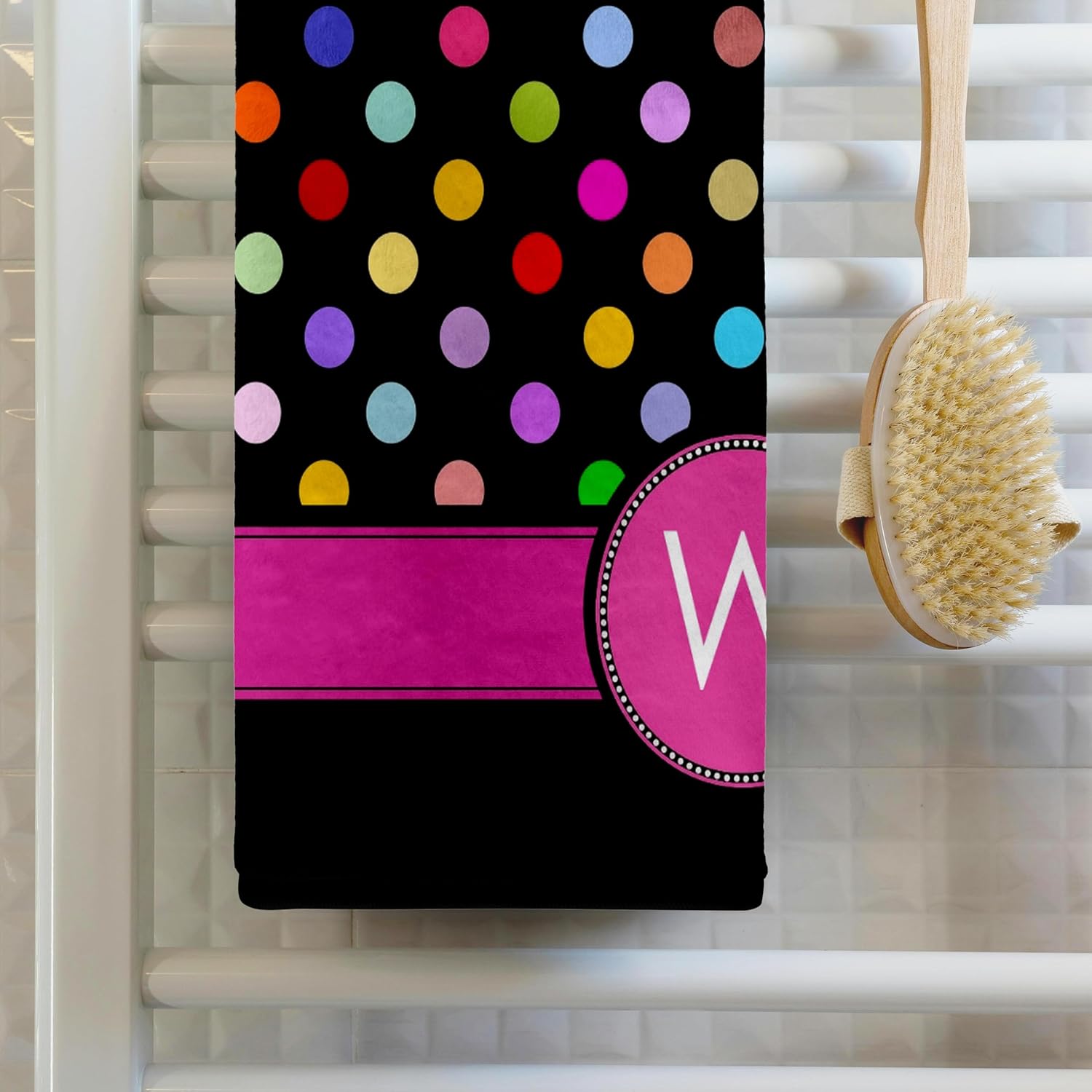 3dRose Letter W Monogrammed on Rainbow Polka dots Pattern with hot Pink Personal Initial - Colorful Girly 22x30 Bath Hand Pool Towel