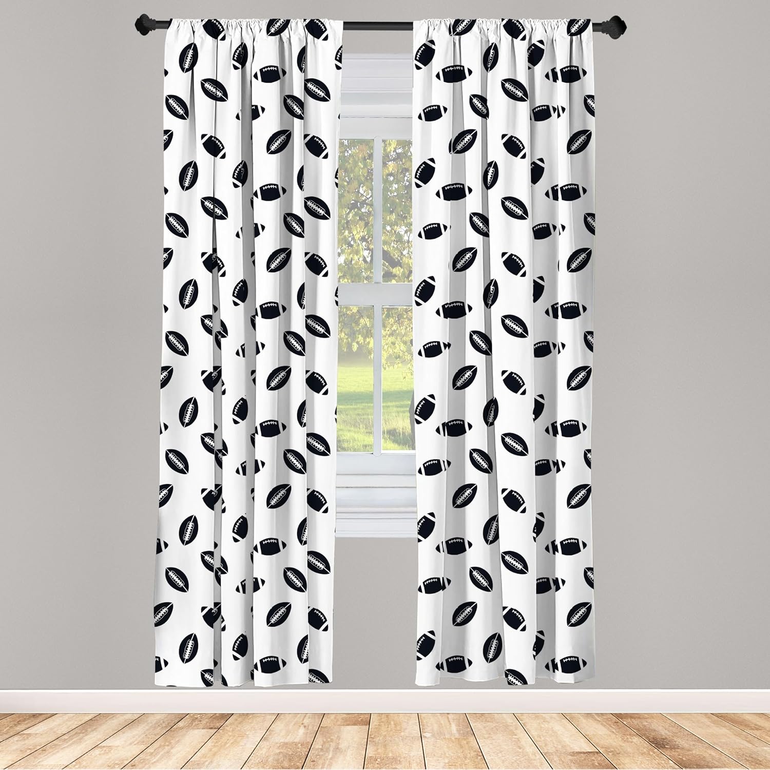 Ambesonne American Football Window Curtains, Monochrome Pattern Rugby Balls US Culture Sports Play, Lightweight Decorative Panels Set of 2 with Rod Pocket, Pair of - 28" x 95", Black White