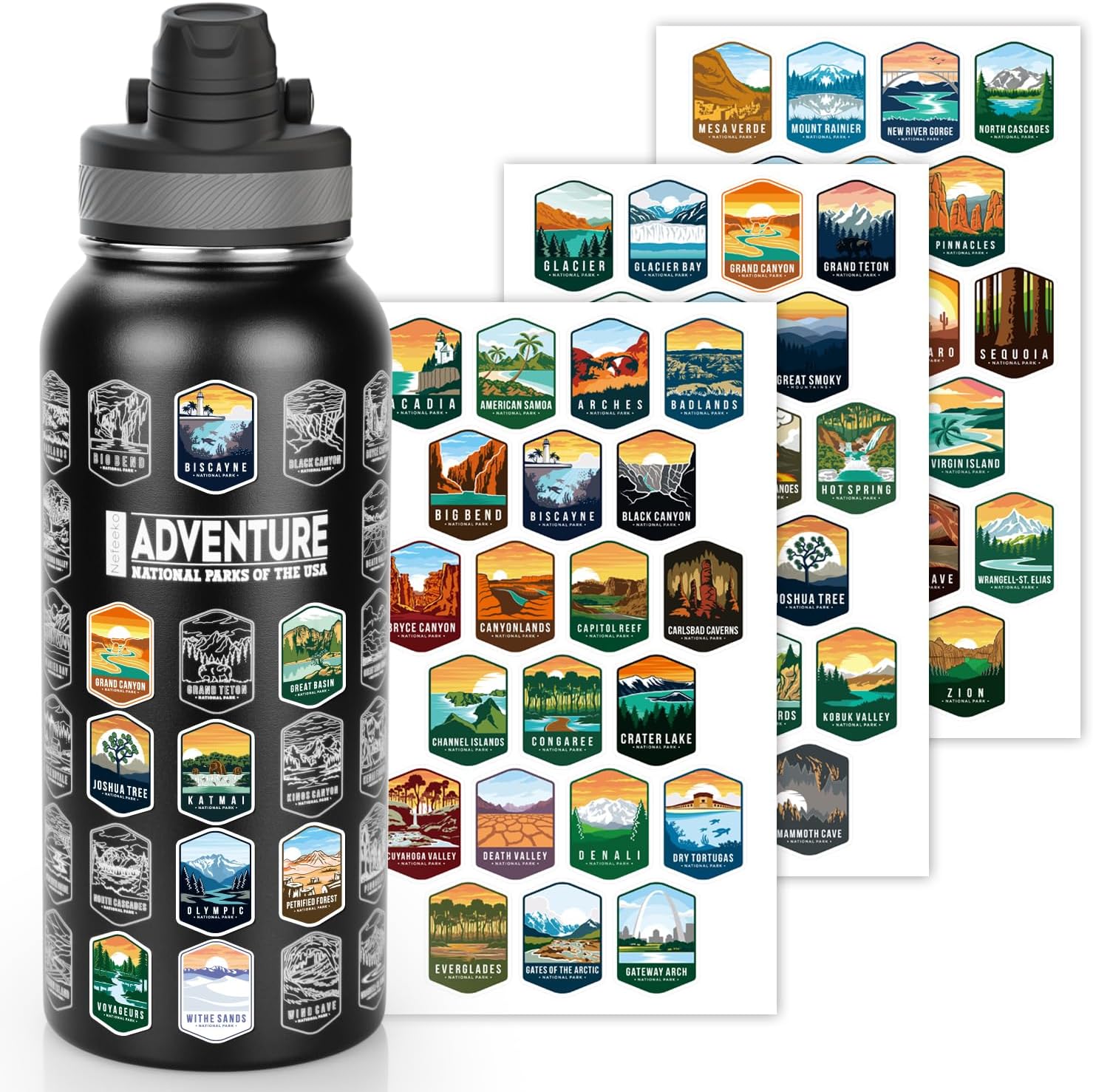 Nefeeko 32oz National Parks Water Bottle - Insulated Adventure Bottle with Waterproof Stickers | Leakproof Lid & Dual Straw/Spout | USA Bucket List Gift for Hikers, Camping & Outdoor Enthusiasts