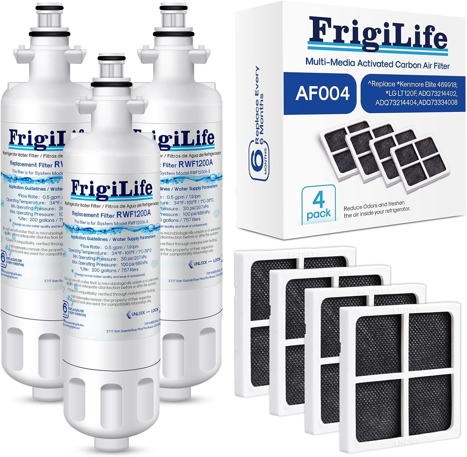 Refrigerator Air Filter Replacement for LG LT120F & FrigiLife Refrigerator water filter Replacement for LG LT700P Kenmore Elite 46-9690，ADQ36006102, 4PACK& 3PACK