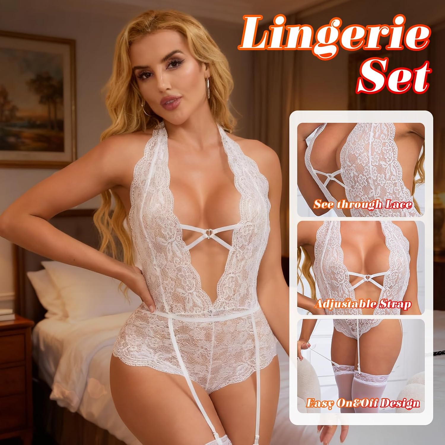 424 Women's Crotchless Lingerie Set Outfits Lace Bodysuit with Garter Belt Stockings Naughty Tedddy One Size fits most