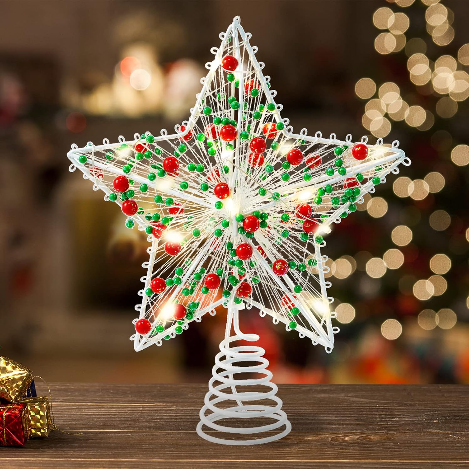 Whaline Christmas Star Tree Topper 8.3 Inch Red Green Berries Dotted 3D Star Treetop LED Lighted Battery Powered Unique Design Xmas Tree Ornament for Christmas Party Indoor Outdoor Home Decoration