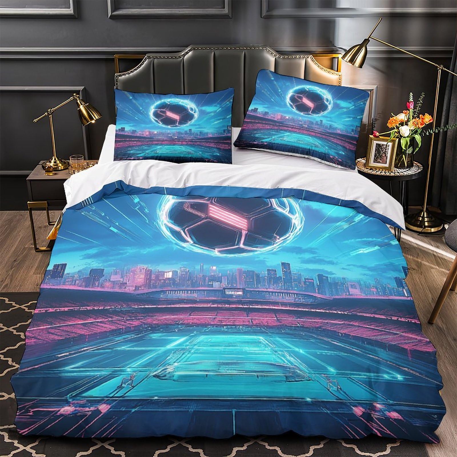 Ballon de football 3D parure de lit cyberpunk néon en microfibre double 200x200 cm