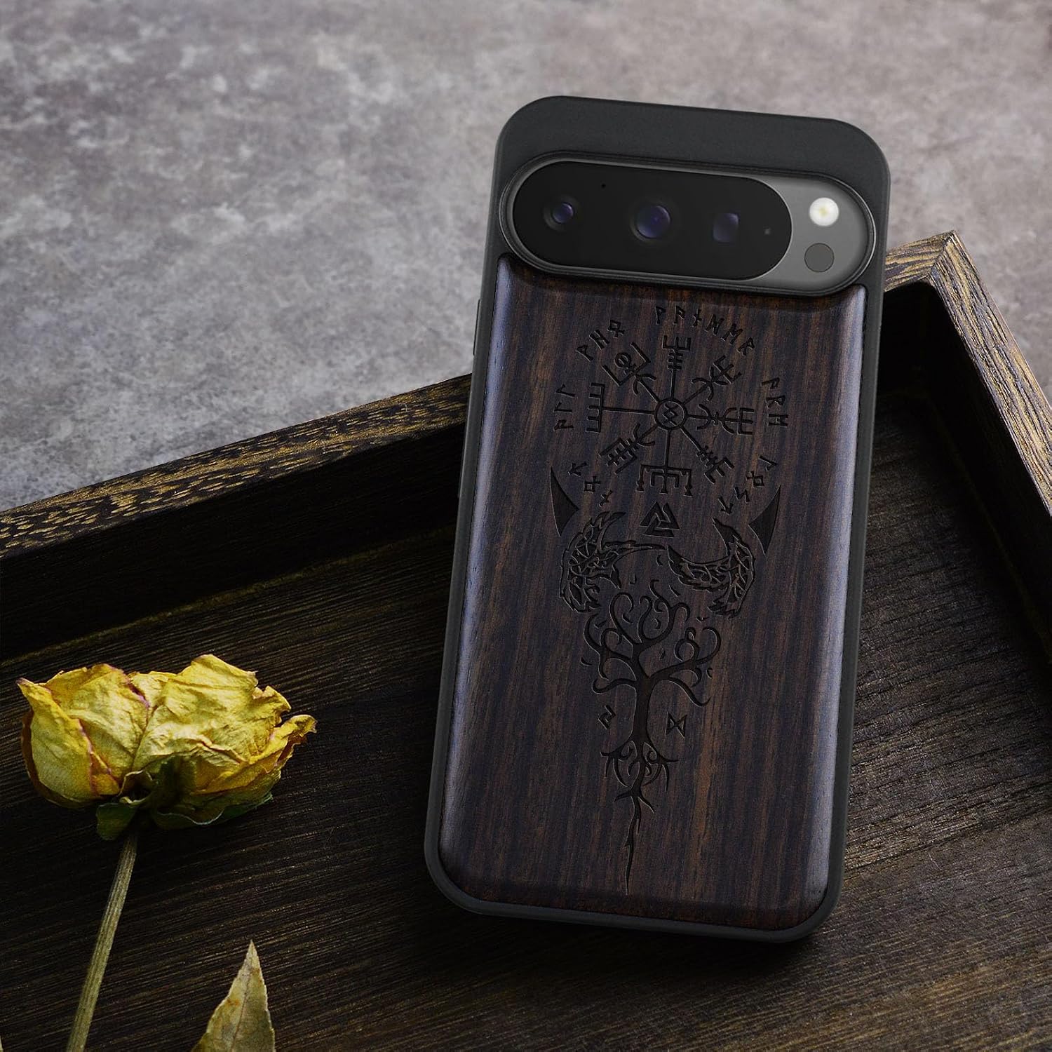 Carveit Magnetic Wooden Case for Pixel 9 Pro Google 9 Pro Case, Wood Artisan Engraved & Soft TPU Shockproof Cover, Compatible with MagSafe Wireless Chargers (The Guiding Vegvisir) Blackwood