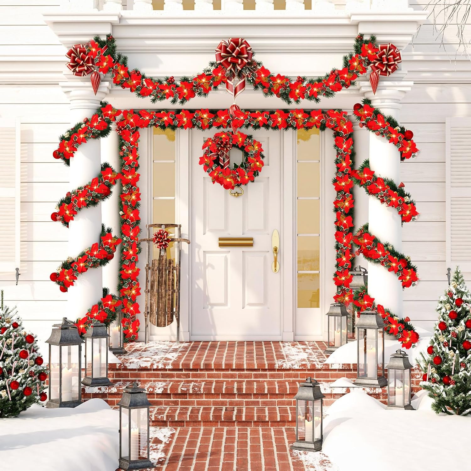 Zubebe 2 Pcs Prelit Poinsettia Christmas Garland with String Lights Glitter Holly Leaves Berries Remote Timer 8 Modes 6.5 ft Lighted Flower Garland Battery Operated Indoor Outdoor Decor(Red)