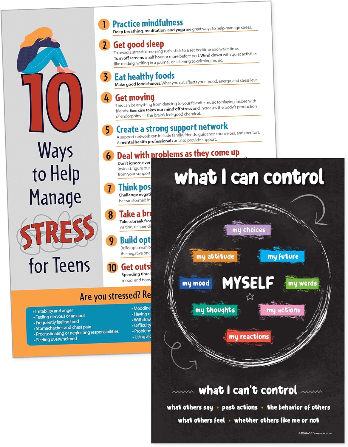 ZOCO - Things I Can Control & Teen Stress - Laminated SEL Poster Set for Middle & High School Counseling, Mental Health, Mindfulness & Growth Mindset Support - 12x18 and 17x22