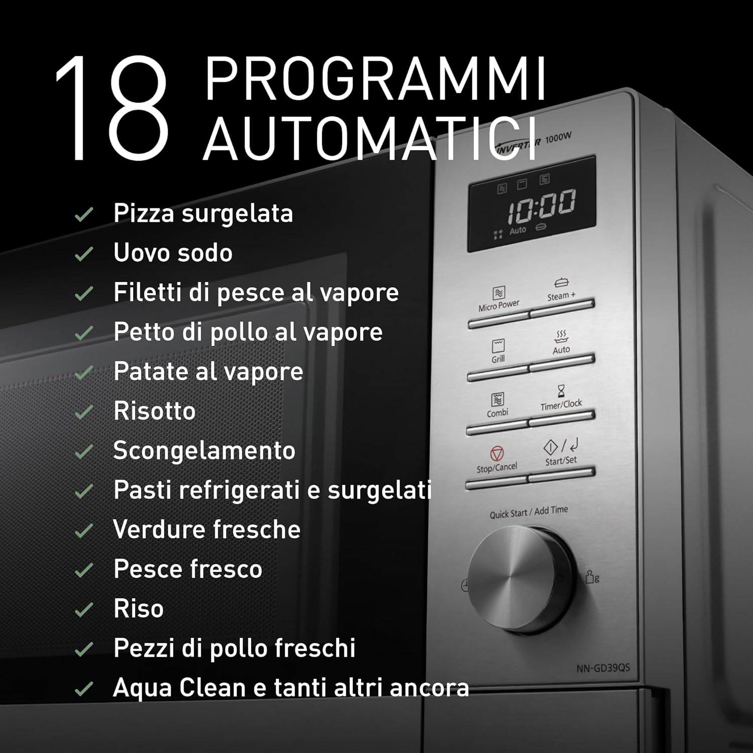 Control panel of the Panasonic NN-GD39QSEPG microwave showing 18 automatic programs