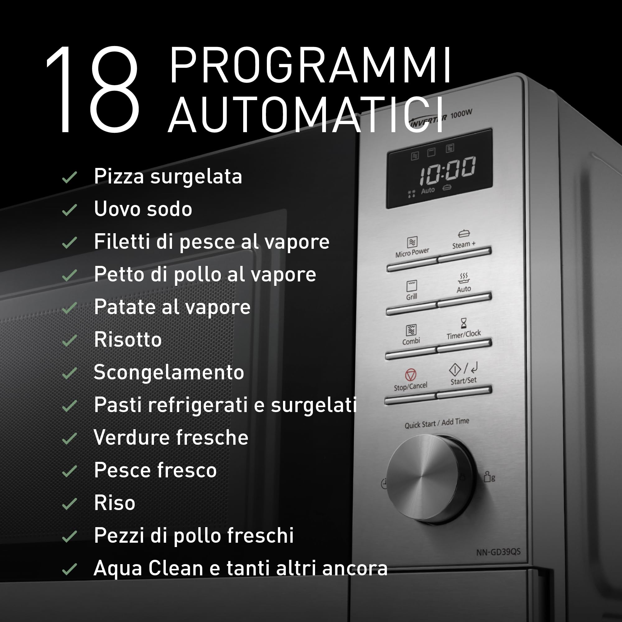 Panasonic NN-GD39QSEPG Forno a Microonde 29L con Grill e Teglia Steam+, 1000W, Auto Defrost, Cottura Combinata, Timer, Argento e Acciaio Inox