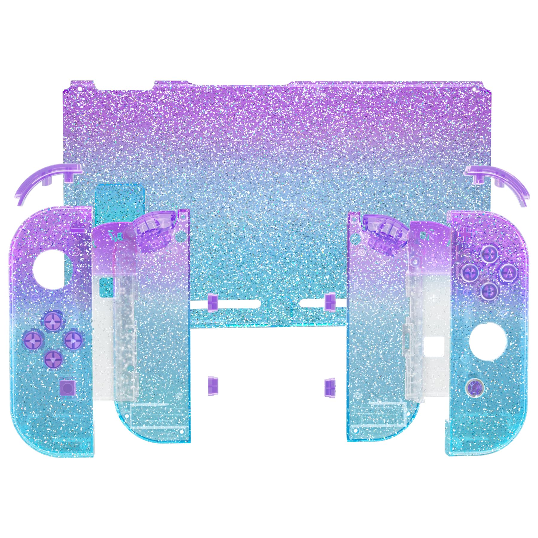 eXtremeRate Custodia Tasti Ricambio per Nintendo Switch,Cover Scocca Pulsanti Kit DIY per Joycon,Senza Controller e Console-Trasparente Glitterato Viola Ciano