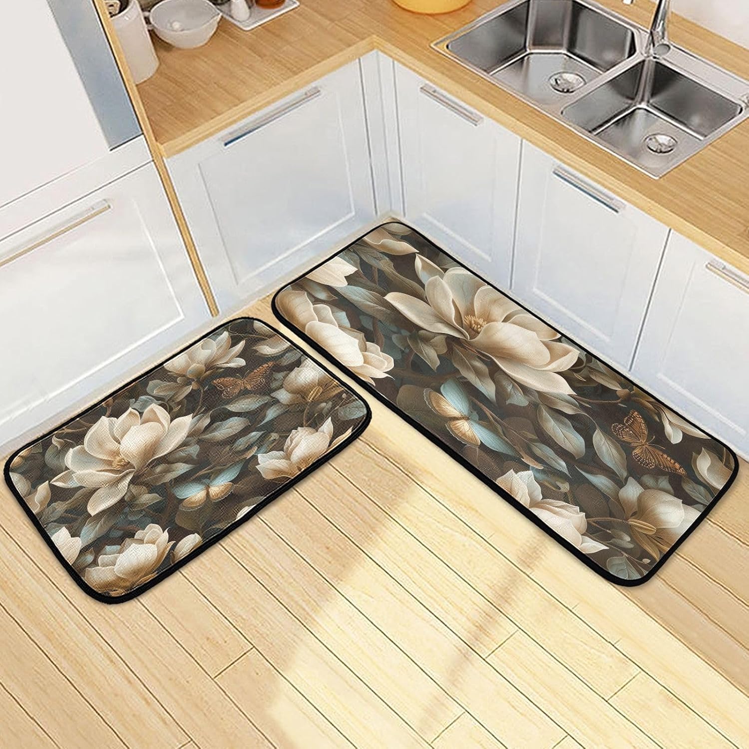 Kitchen Mats Set of 2 Cushioned Comfort Non-Slip Absorbent Washable Kitchen Rugs, Magnolia Flowers Floor Mats for Home