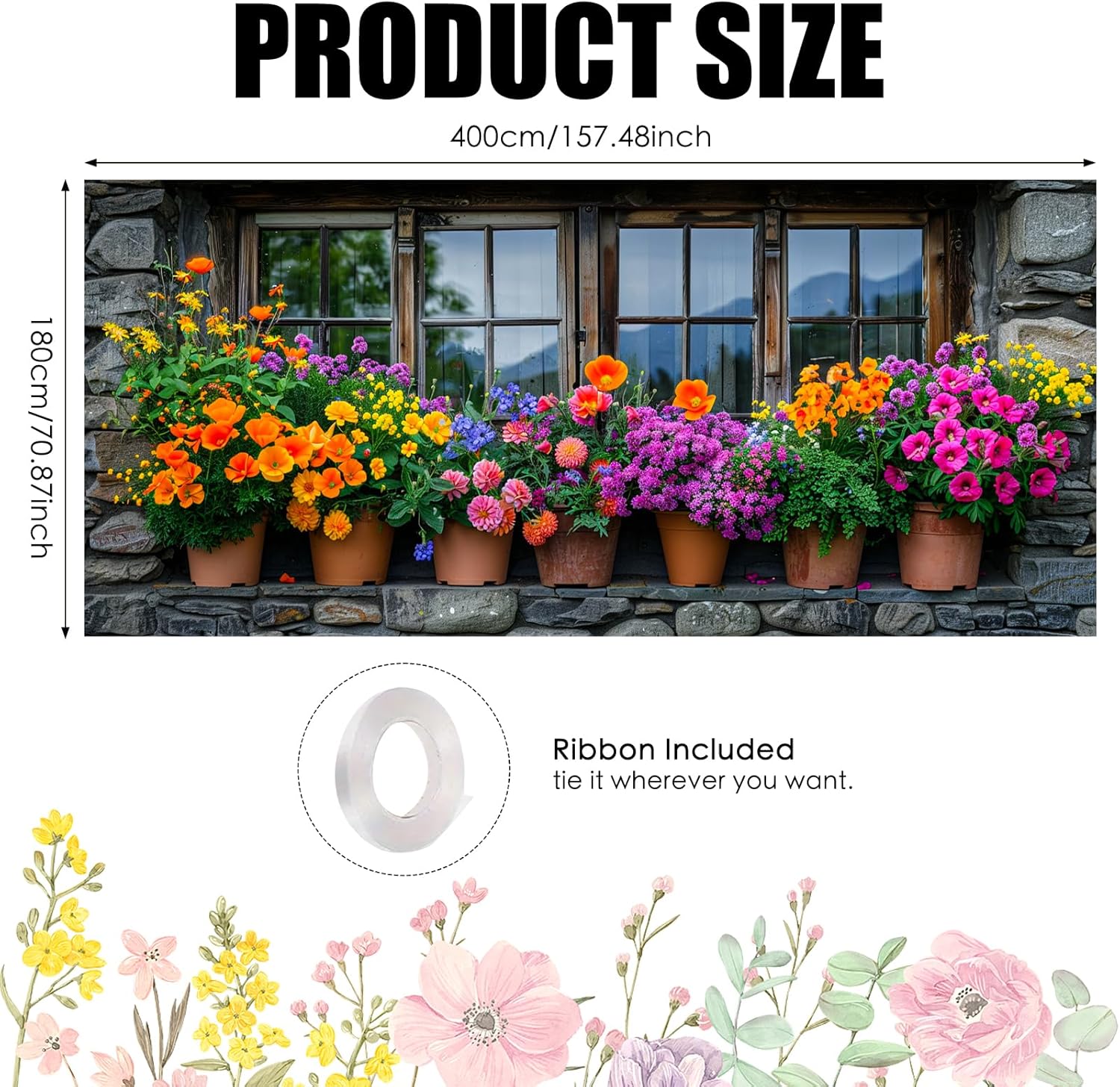 Nuxovilar Spring Garage Door Cover Stone Window Colorful Flower Pot Mountain View Decoration Polyester 157.48x70.87 Inches Spring Garage Door Cover for Outdoor Garage Yard Home