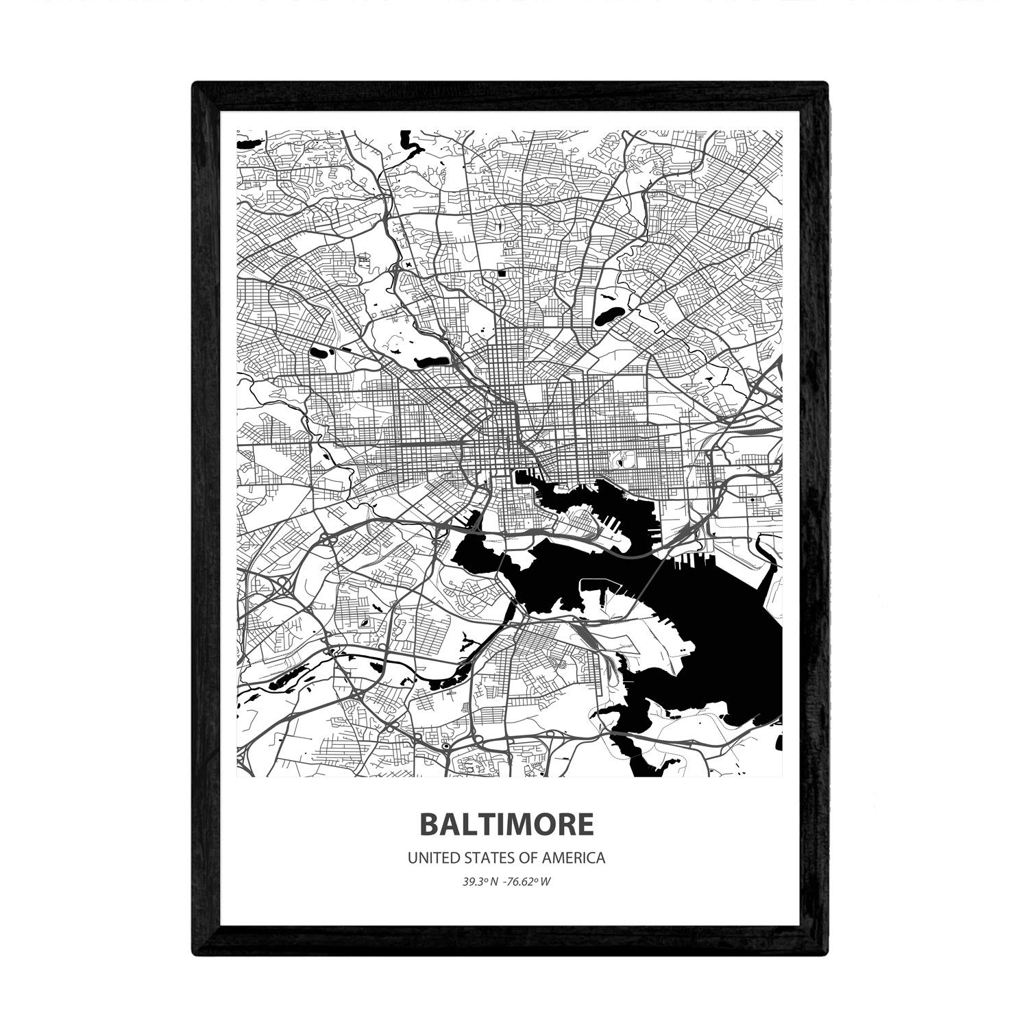 Nacnic Poster with map of Baltimore - USA. Sheets US cities with seas and rivers in black color. A4 size