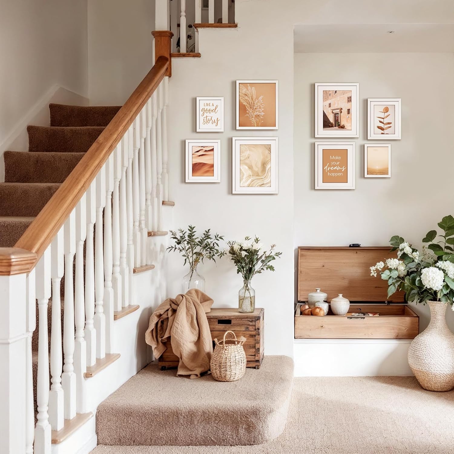 ArtbyHannah Gallery Wall Frame Set for Living Room, White Picture Frames Collage Wall Decor with Neutral Art Prints for Stairway, Dining Room, 8 Pack Assorted Size-11"x14", 8"x10", 6"x8"