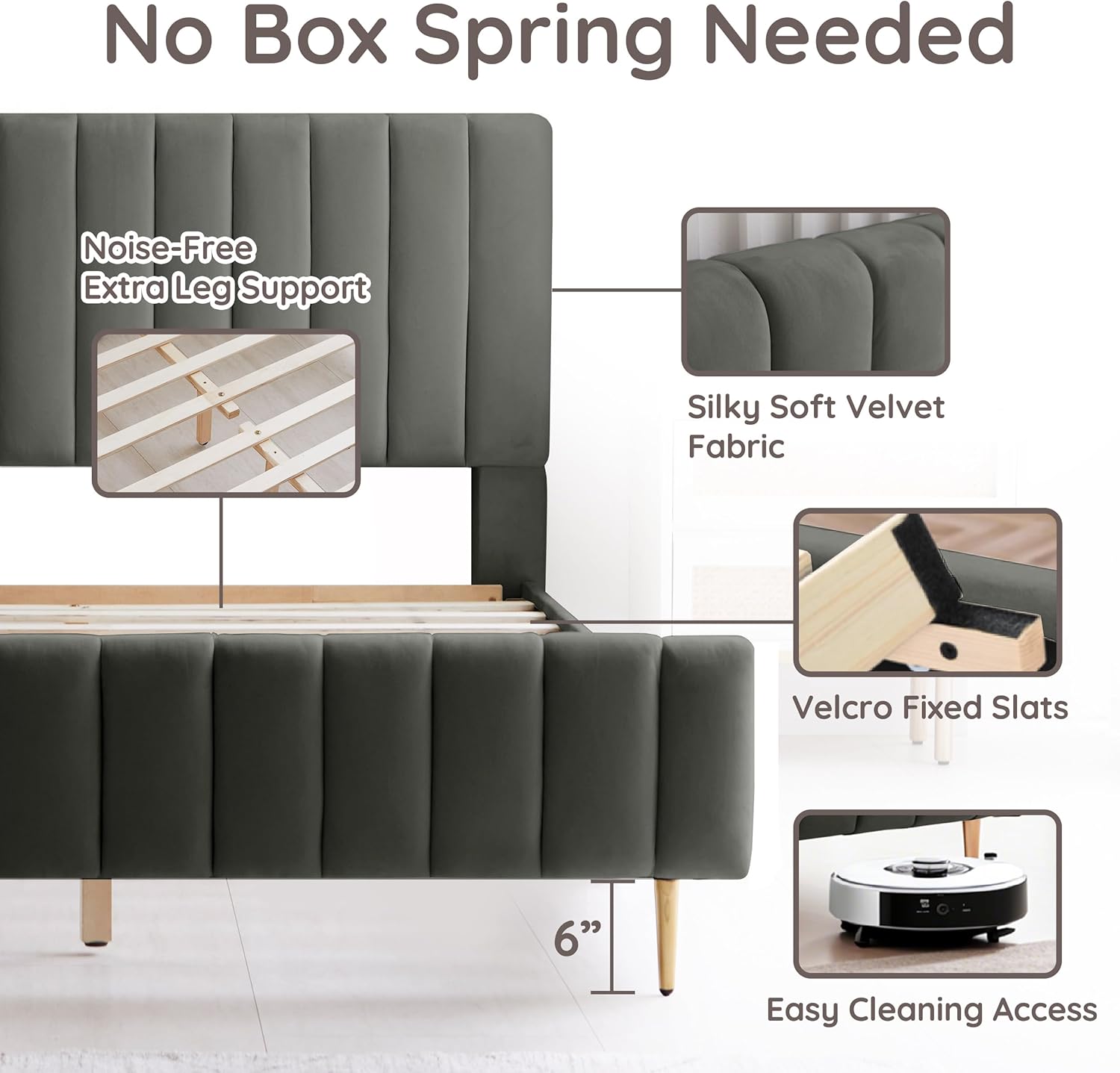 Livinia King Size Elton Velvet Platform Bed, Upholstered Bed Frame with Vertical Channel Tufted Headboard Footboard, Strong Wood Slats, No Box Spring Needed, Gray (King)